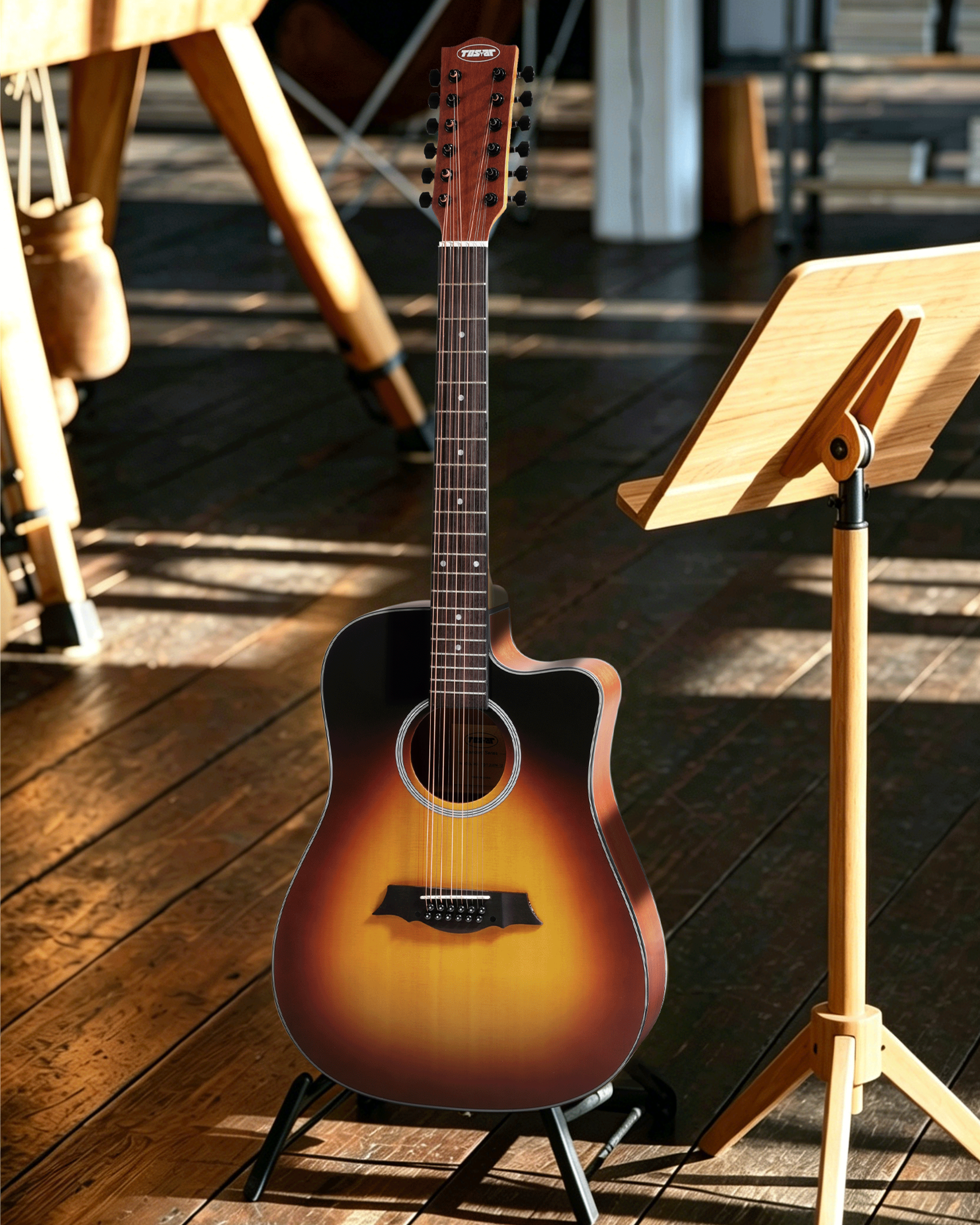 TOSTAR 42-Inch 12-String Acoustic-Electric Guitar Kit – Dreadnought Body, Spruce Top, Built-in 4-Band EQ