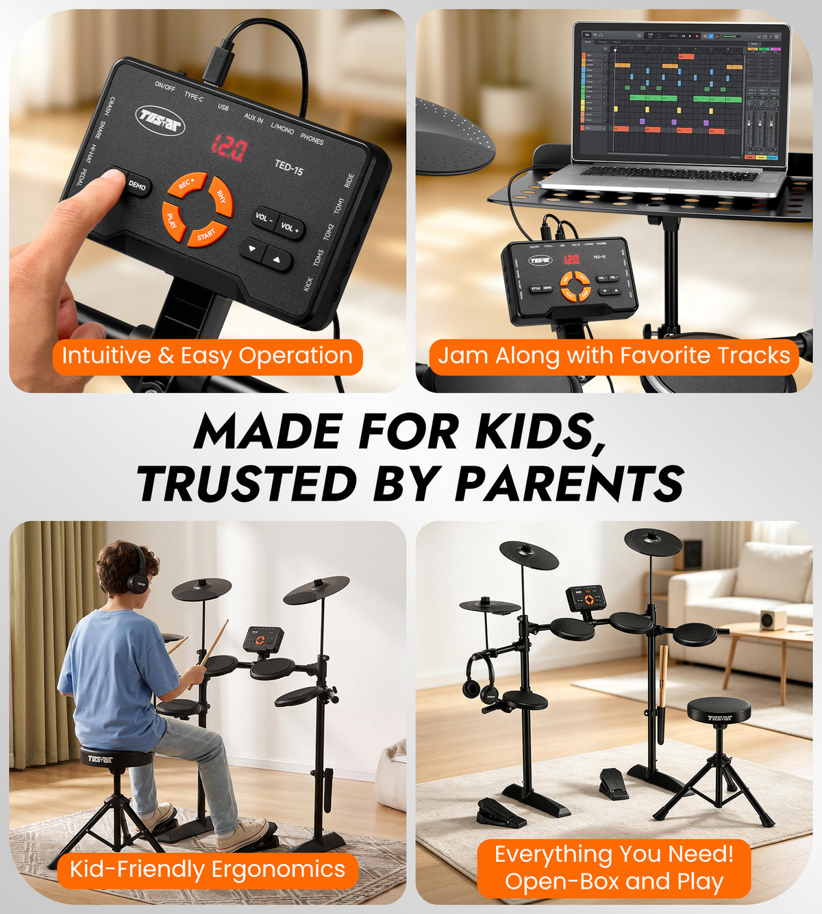 Tostar TED-15 Electric Drum Set for Beginners | Complete Kit with Acoustic Drum Sounds, Headphones & Throne