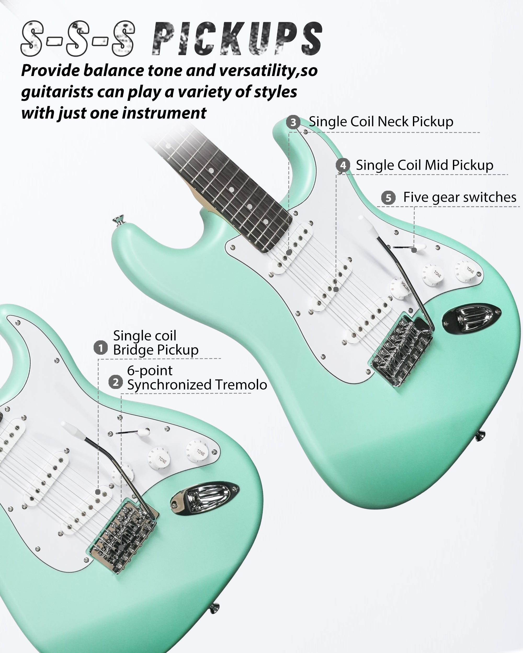 Tostar TST-110 39-inch Electric Guitar, S-S-S Pick Up