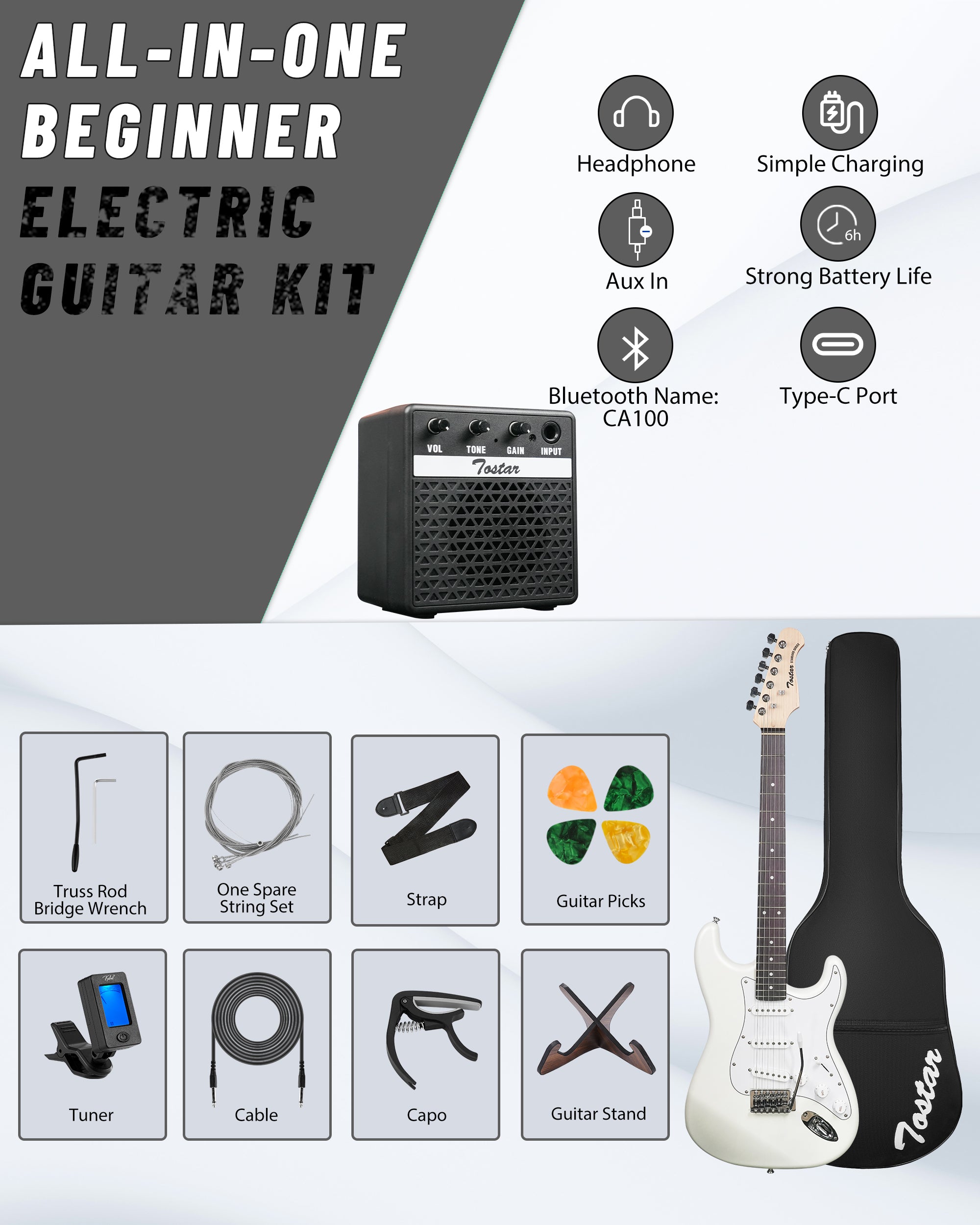 Tostar TST-110 39-inch Electric Guitar, S-S-S Pick Up