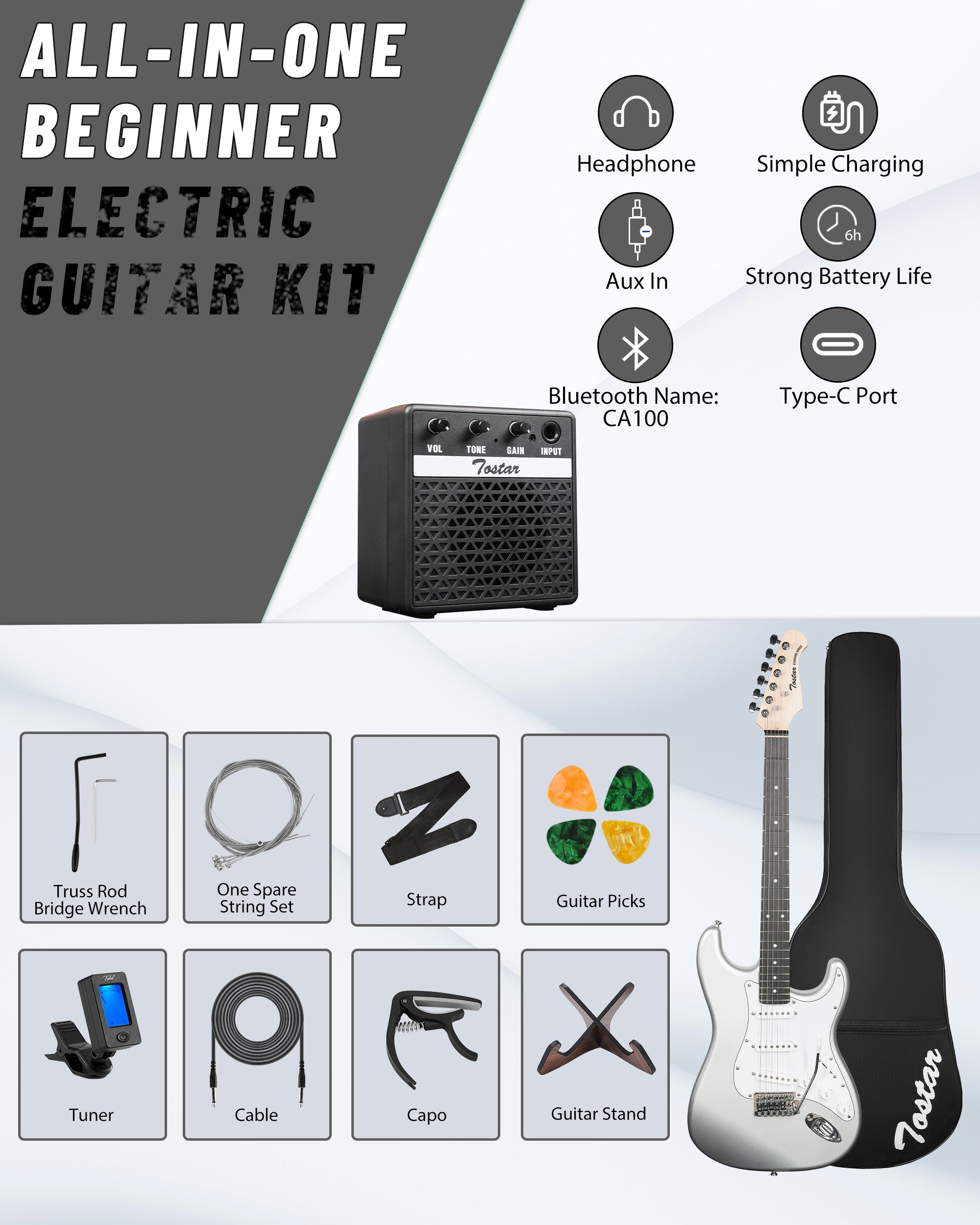 Tostar TST-110 39-inch Electric Guitar, S-S-S Pick Up