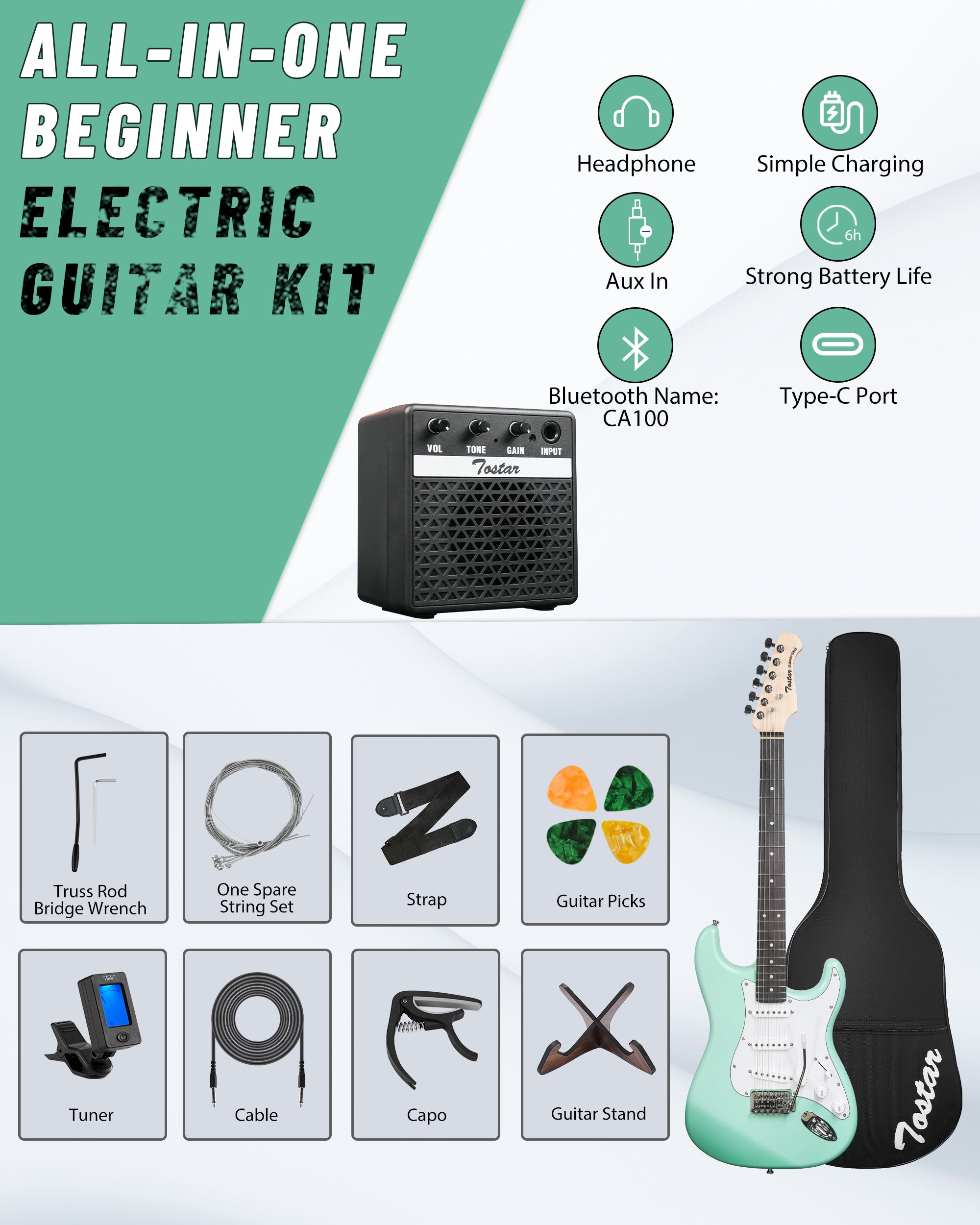Tostar TST-110 39-inch Electric Guitar, S-S-S Pick Up
