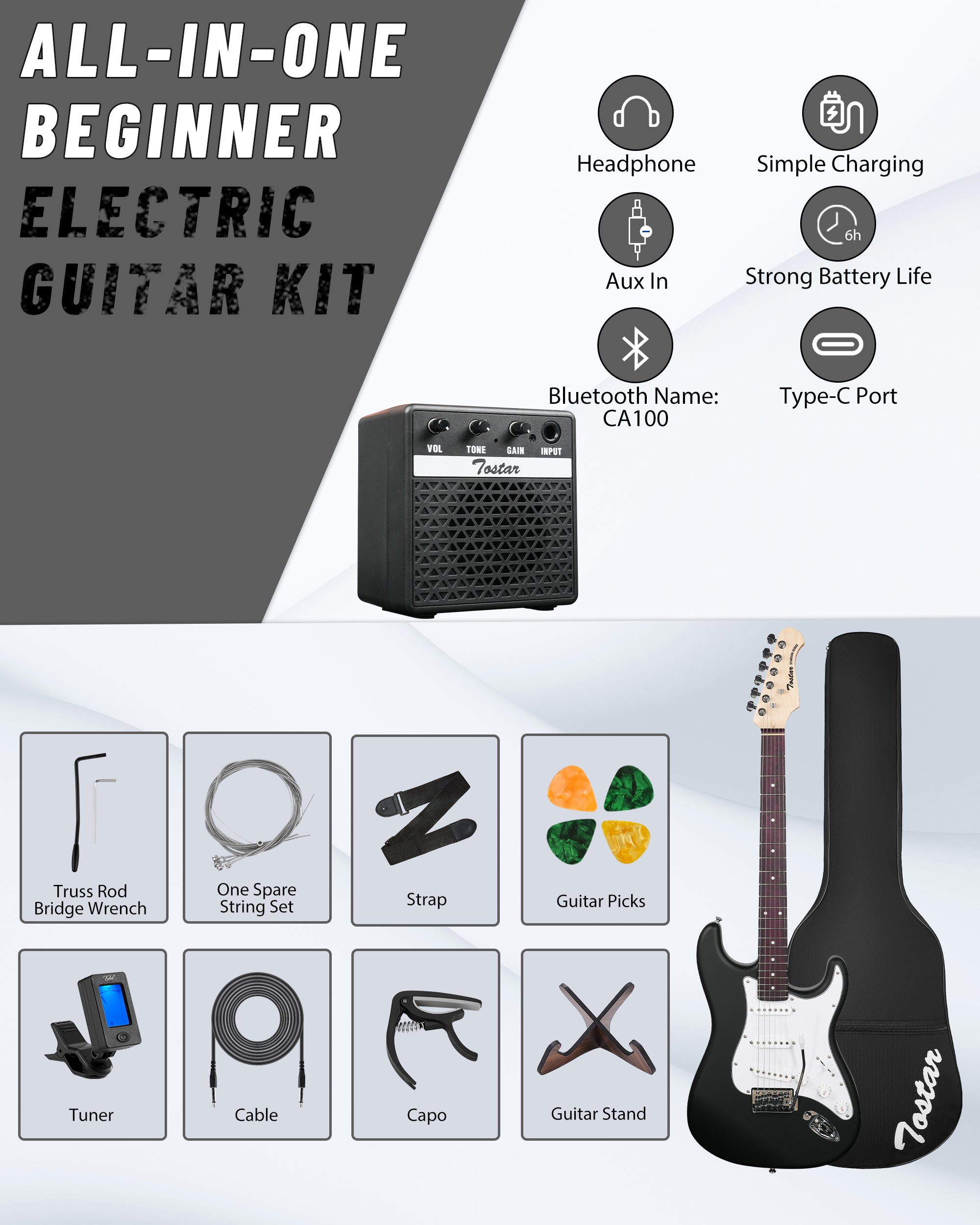 Tostar TST-110 39-inch Electric Guitar, S-S-S Pick Up