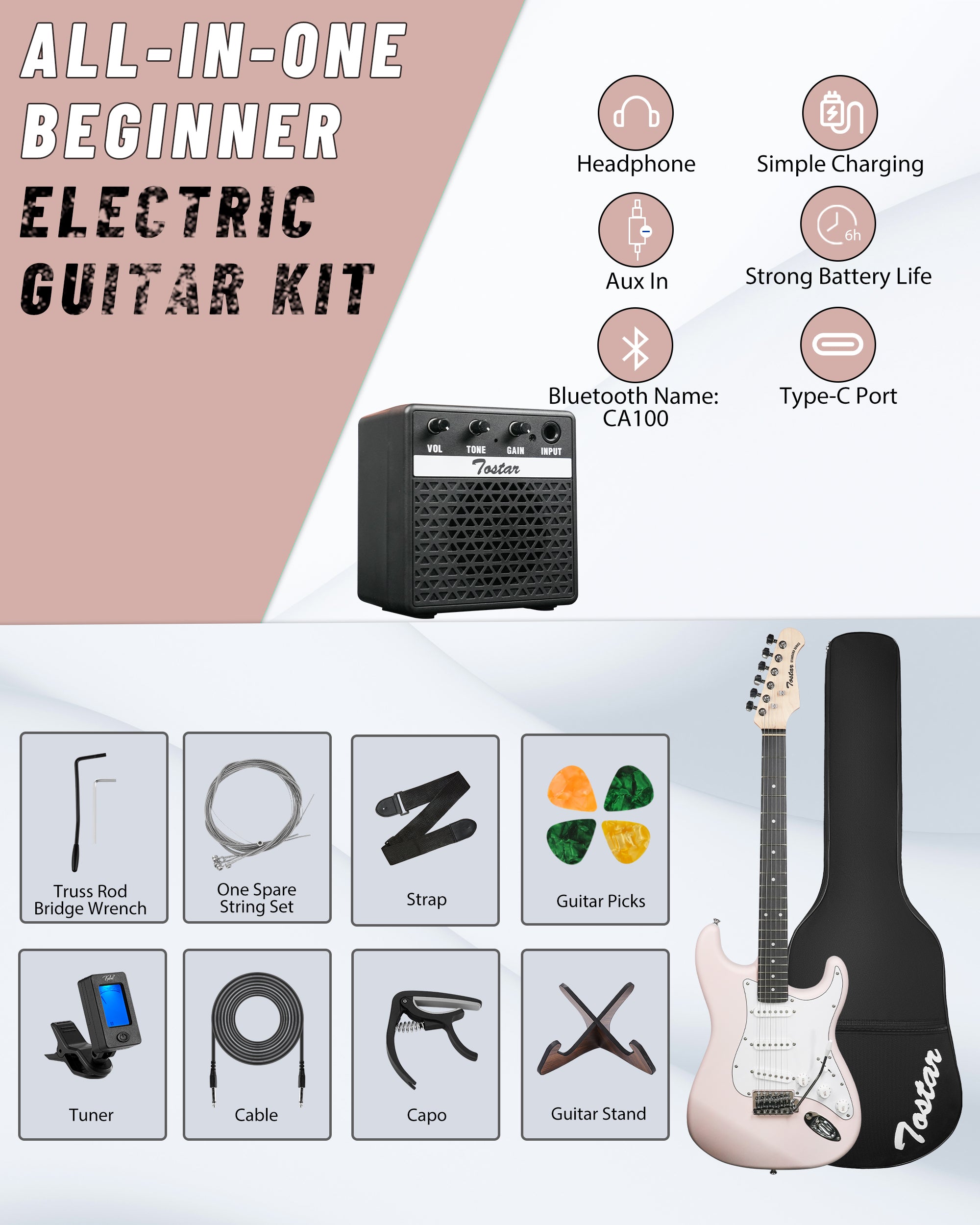 Tostar TST-110 39-inch Electric Guitar, S-S-S Pick Up