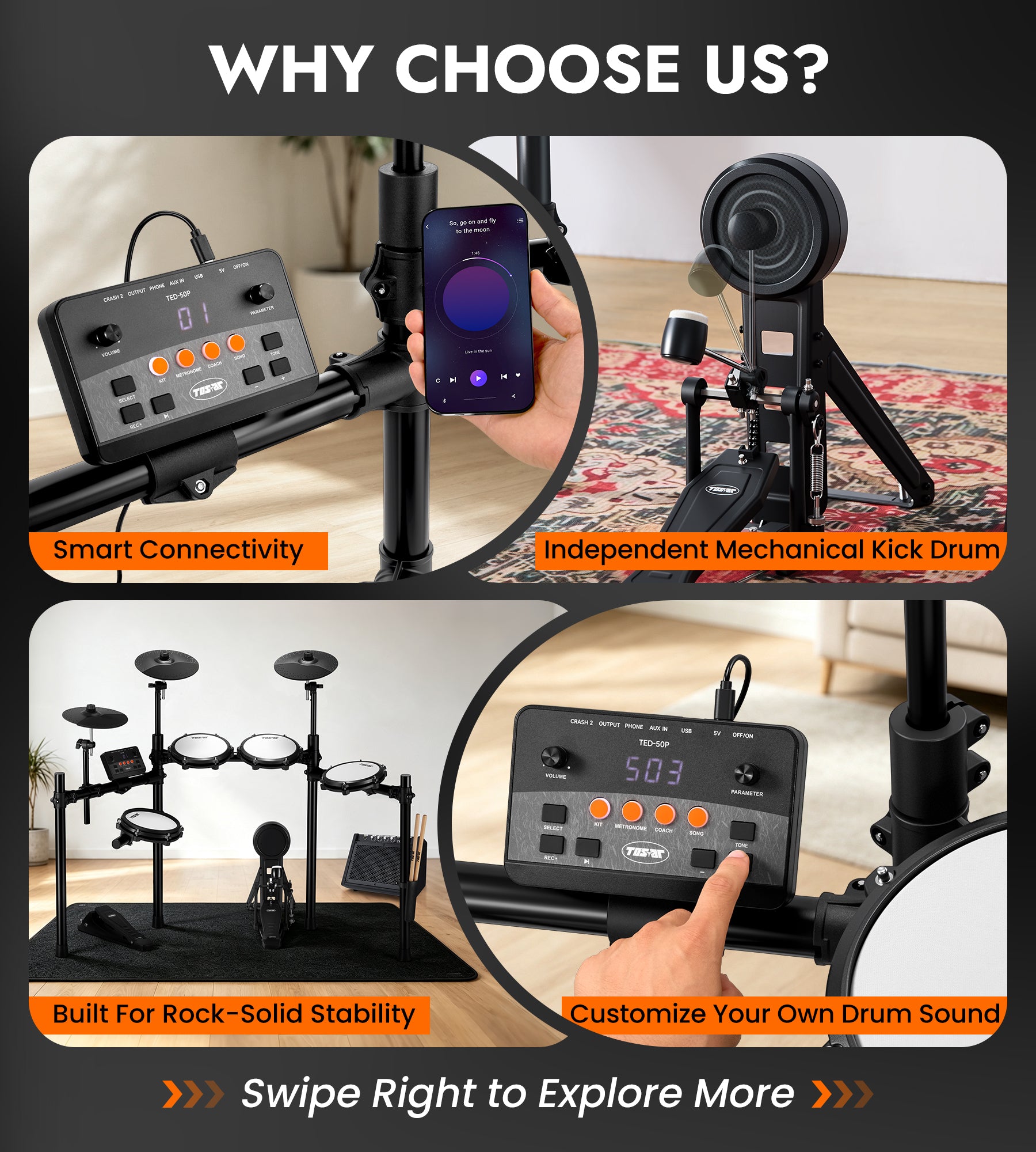 TOSTAR TED‑50P Electronic Drum Set, 5 Mesh Drum Pads & 3 Choke Cymbals with Throne, Headphones & Full Accessories, USB MIDI for Home Practice