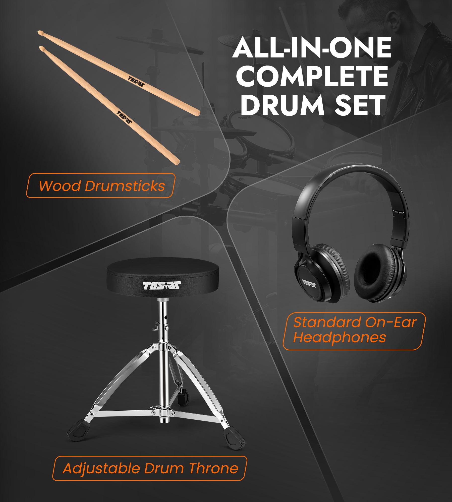 TOSTAR TED‑50P Electronic Drum Set, 5 Mesh Drum Pads & 3 Choke Cymbals with Throne, Headphones & Full Accessories, USB MIDI for Home Practice