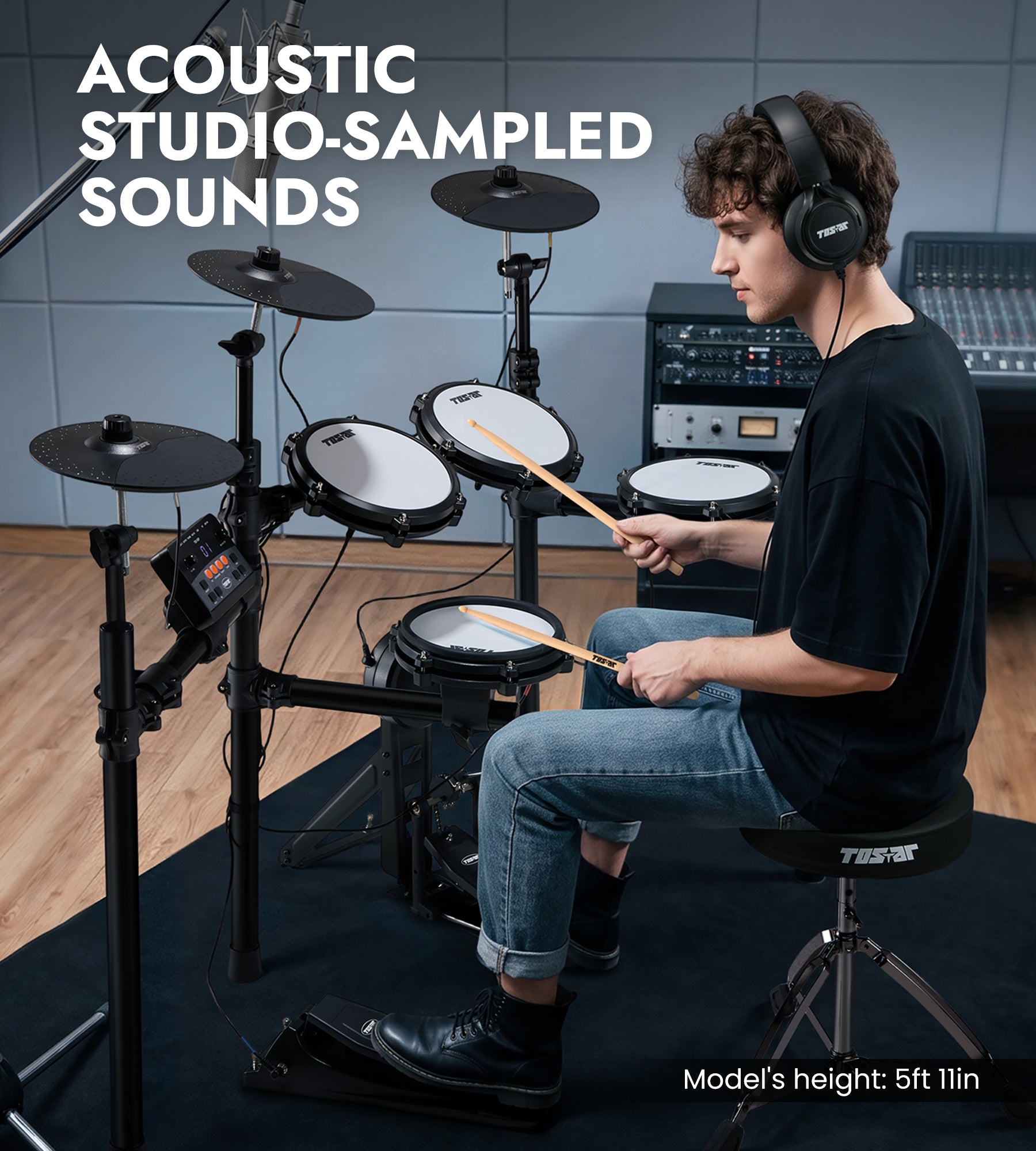 TOSTAR TED‑50P Electronic Drum Set, 5 Mesh Drum Pads & 3 Choke Cymbals with Throne, Headphones & Full Accessories, USB MIDI for Home Practice