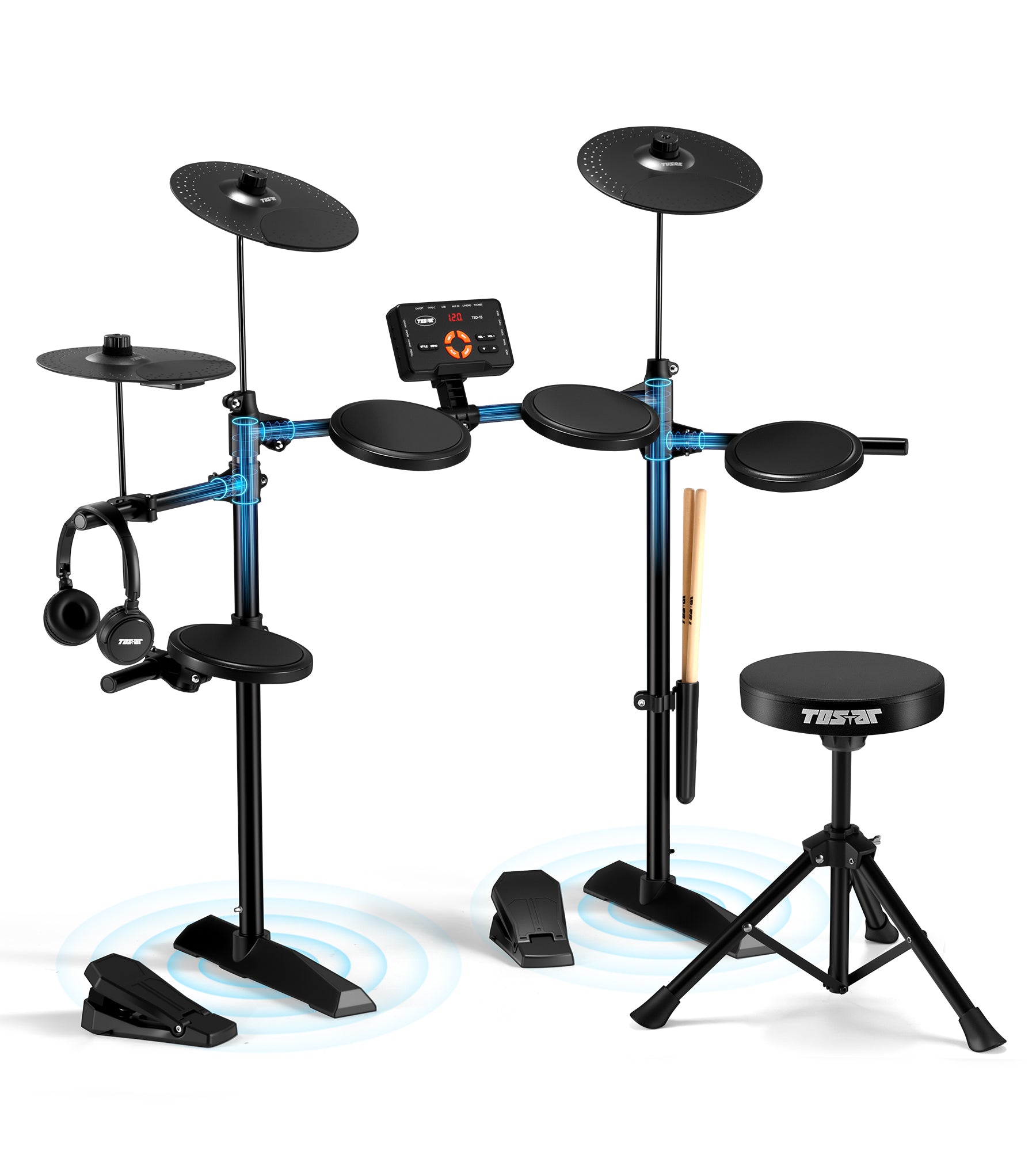 Tostar TED-15 Electric Drum Set for Beginners | Complete Kit with Acoustic Drum Sounds, Headphones & Throne