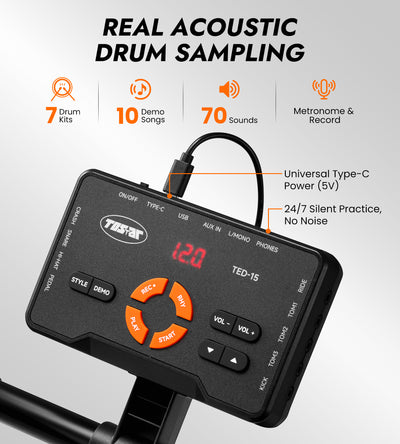 Tostar TED-15 Electric Drum Set for Beginners | Complete Kit with Acoustic Drum Sounds, Headphones & Throne