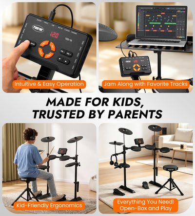 Tostar TED-15 Electric Drum Set for Beginners | Complete Kit with Acoustic Drum Sounds, Headphones & Throne