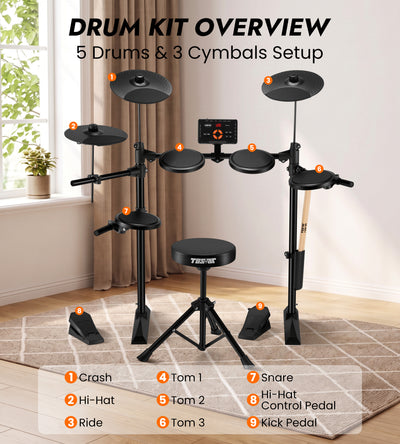 Tostar TED-15 Electric Drum Set for Beginners | Complete Kit with Acoustic Drum Sounds, Headphones & Throne