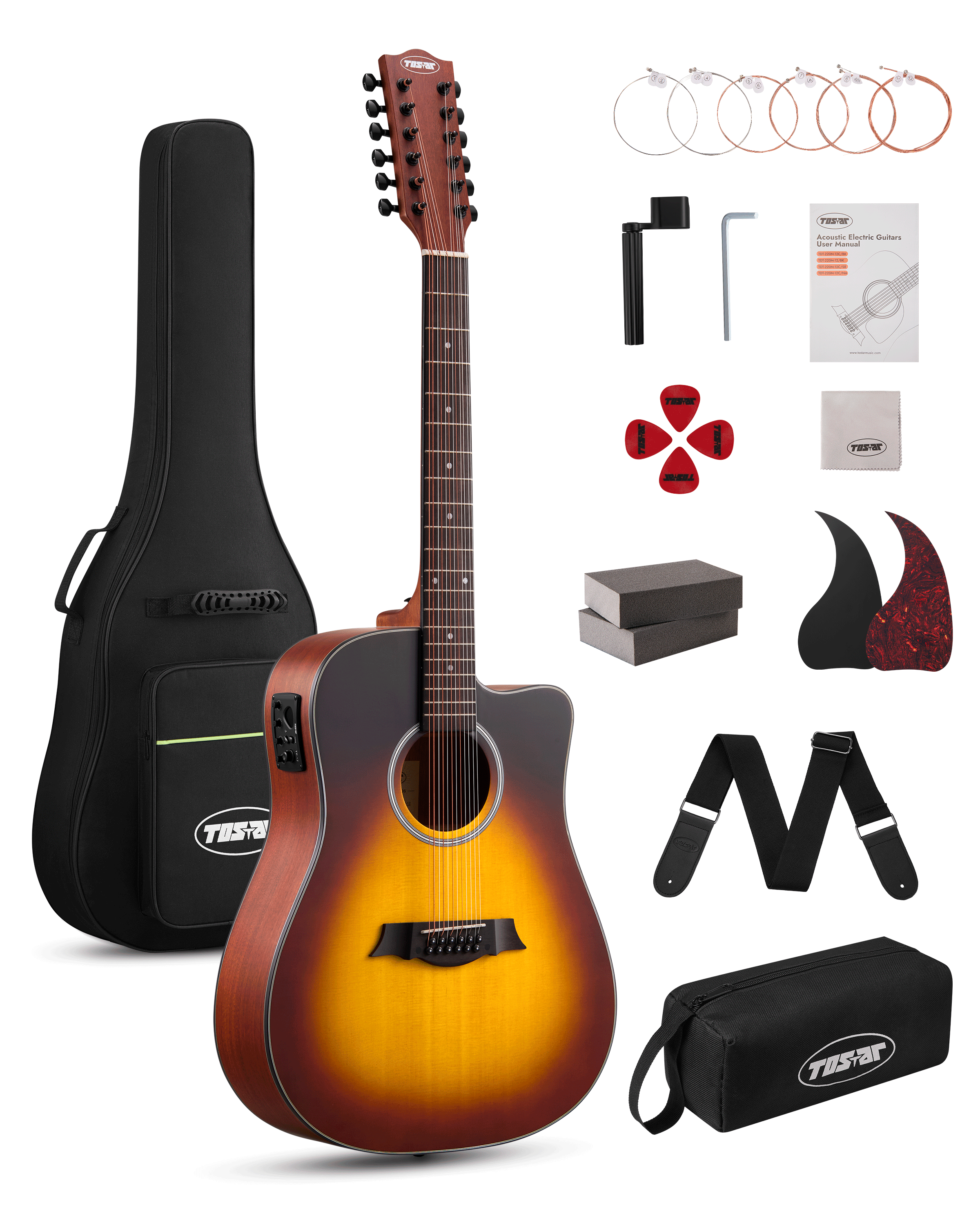 TOSTAR 42-Inch 12-String Acoustic-Electric Guitar Kit – Dreadnought Body, Spruce Top, Built-in 4-Band EQ