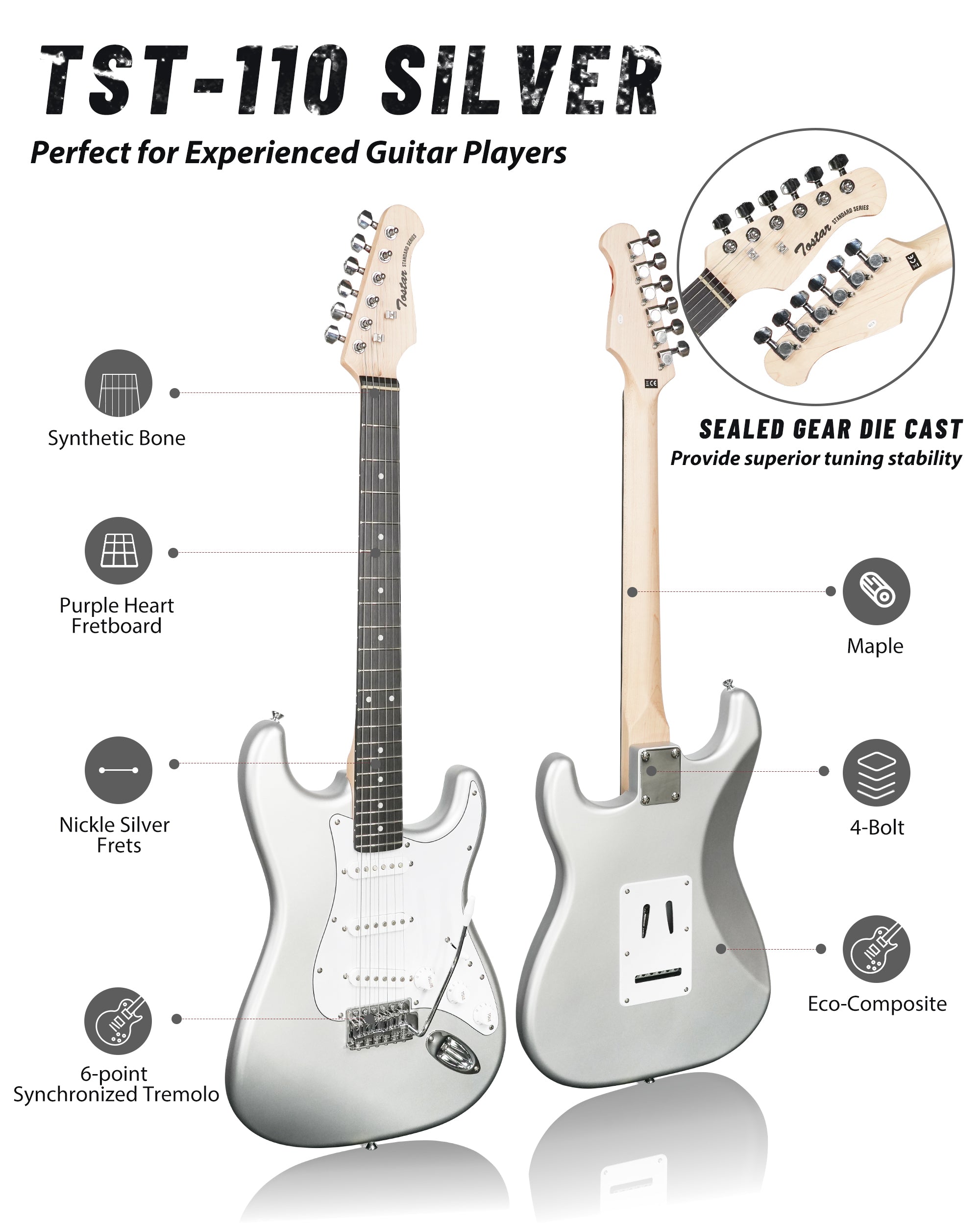 Tostar TST-110 39-inch Electric Guitar, S-S-S Pick Up