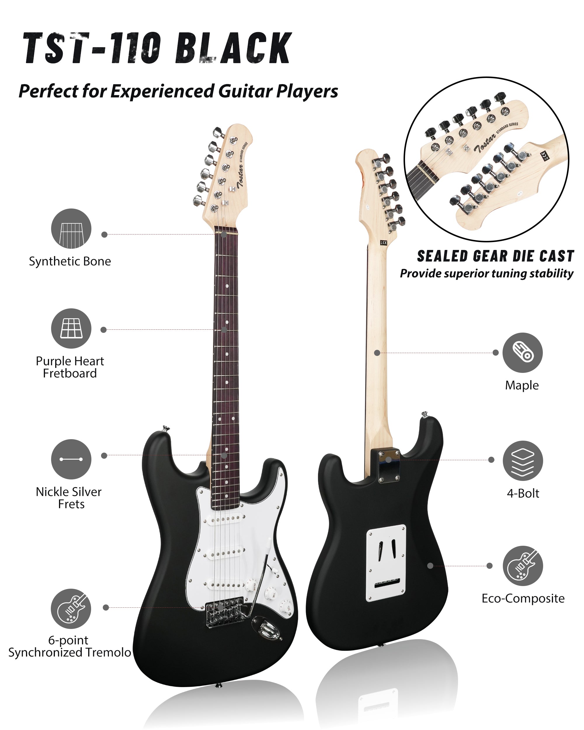 Tostar TST-110 39-inch Electric Guitar, S-S-S Pick Up