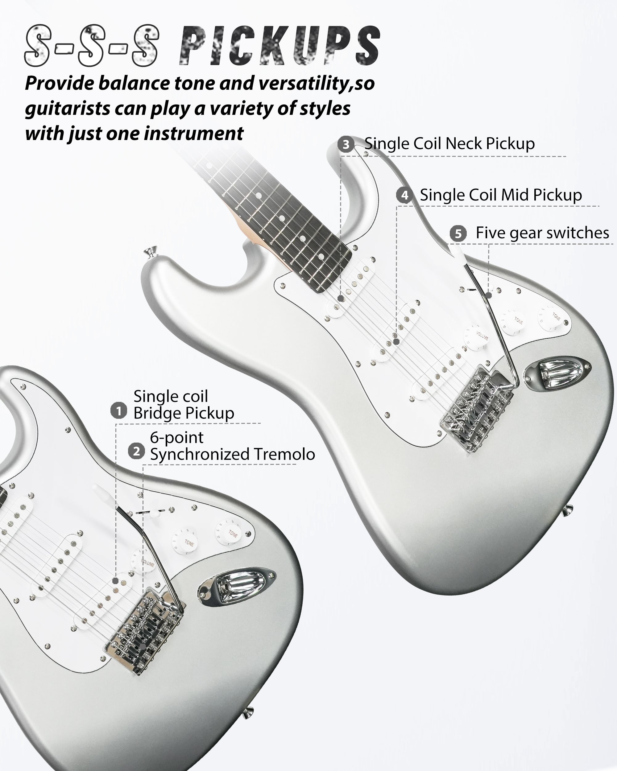Tostar TST-110 39-inch Electric Guitar, S-S-S Pick Up