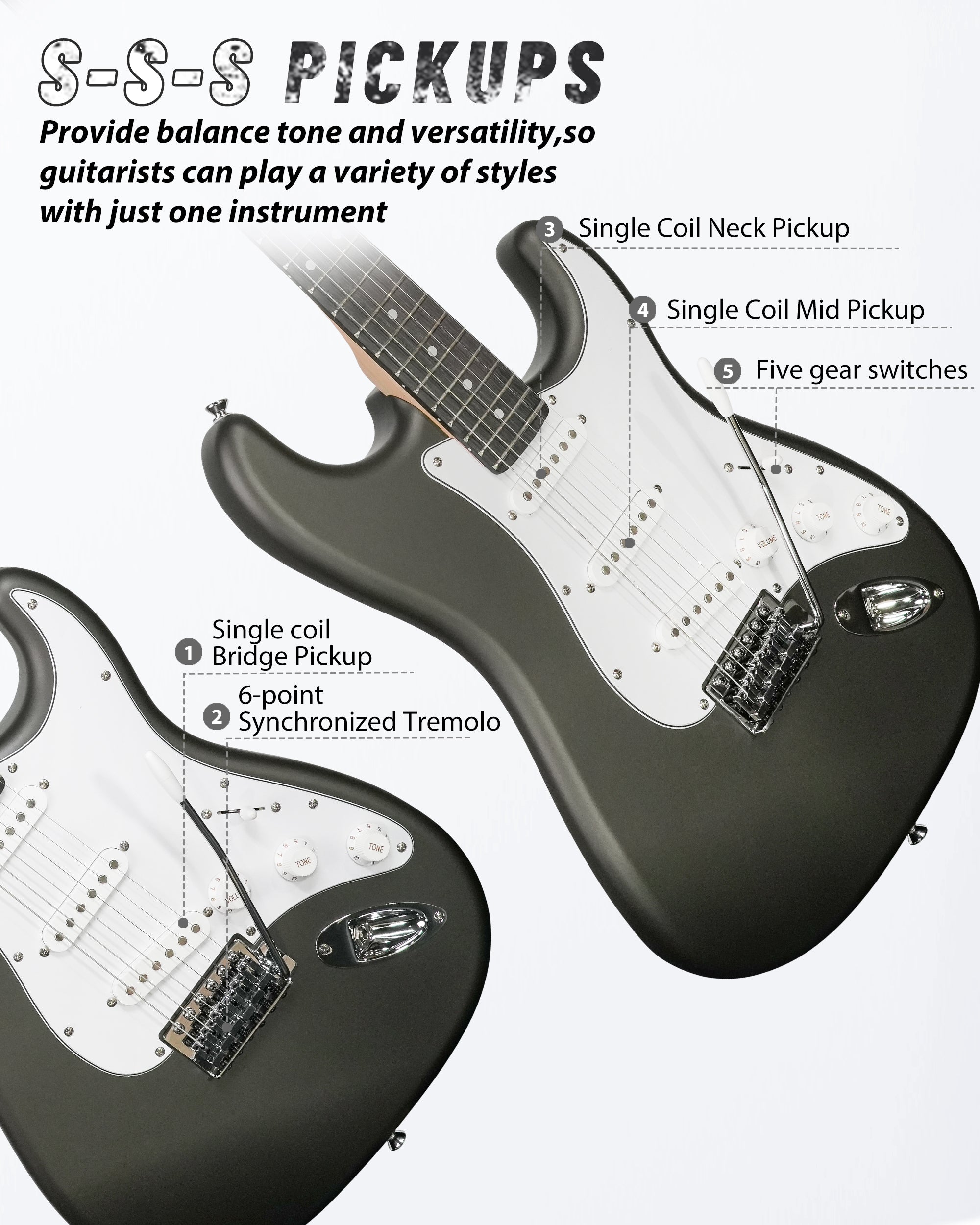 Tostar TST-110 39-inch Electric Guitar, S-S-S Pick Up