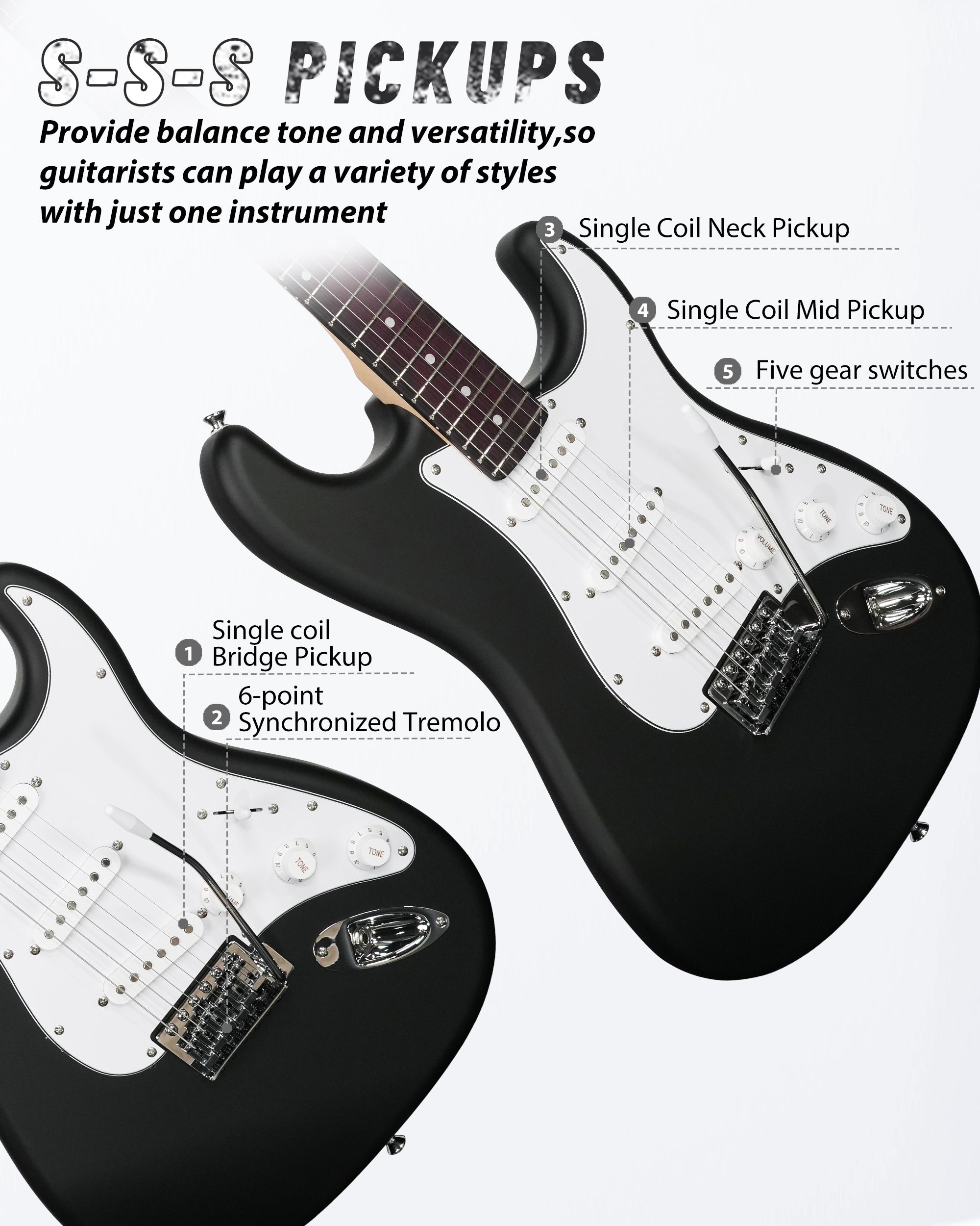 Tostar TST-110 39-inch Electric Guitar, S-S-S Pick Up