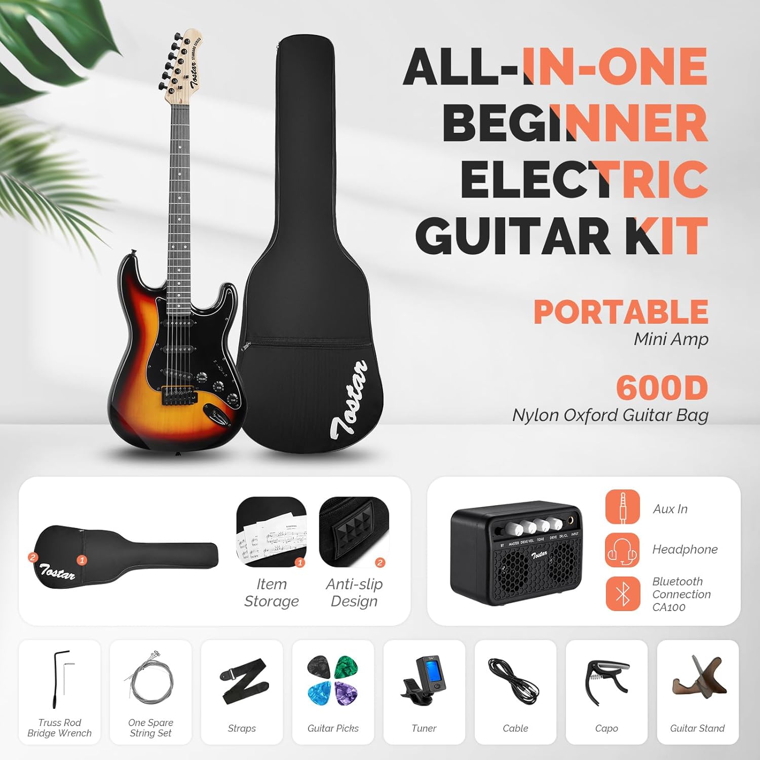 Tostar TST-140 39-inch Solid Body Electric Guitar Beginner Kits, Rising Sun