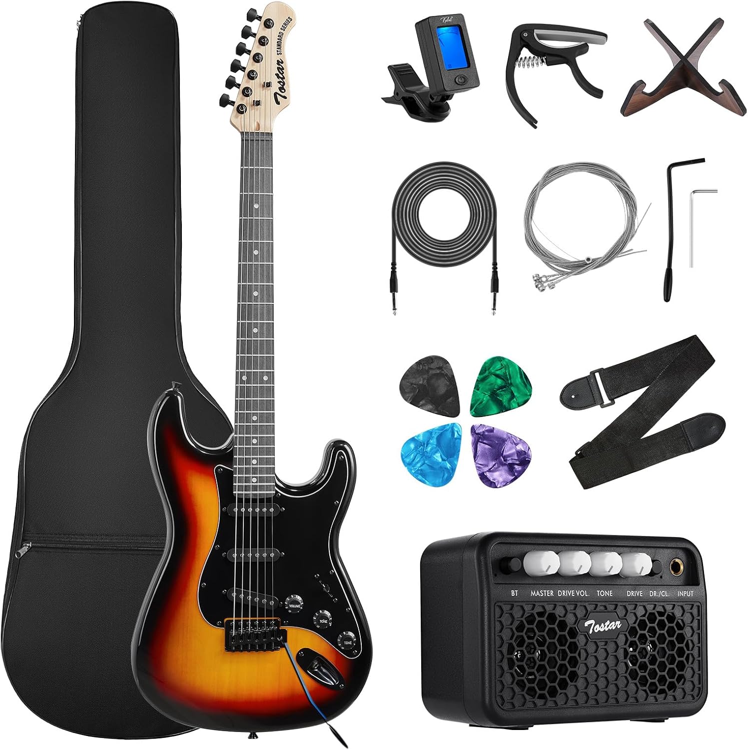 Tostar TST-140 39-Zoll-Solid-Body-E-Gitarren-Anfänger-Kits, Rising Sun