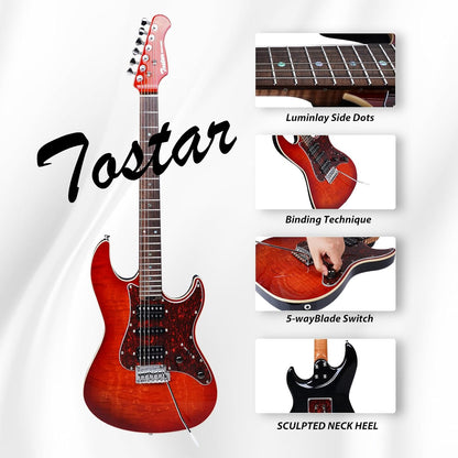 Tostar TST-500 39-inch Electric Guitar H-S-H Pickups, 2-Point Tremolo, Roasted Canadian Flamed Maple, Glossy Finish, Limited-Edition