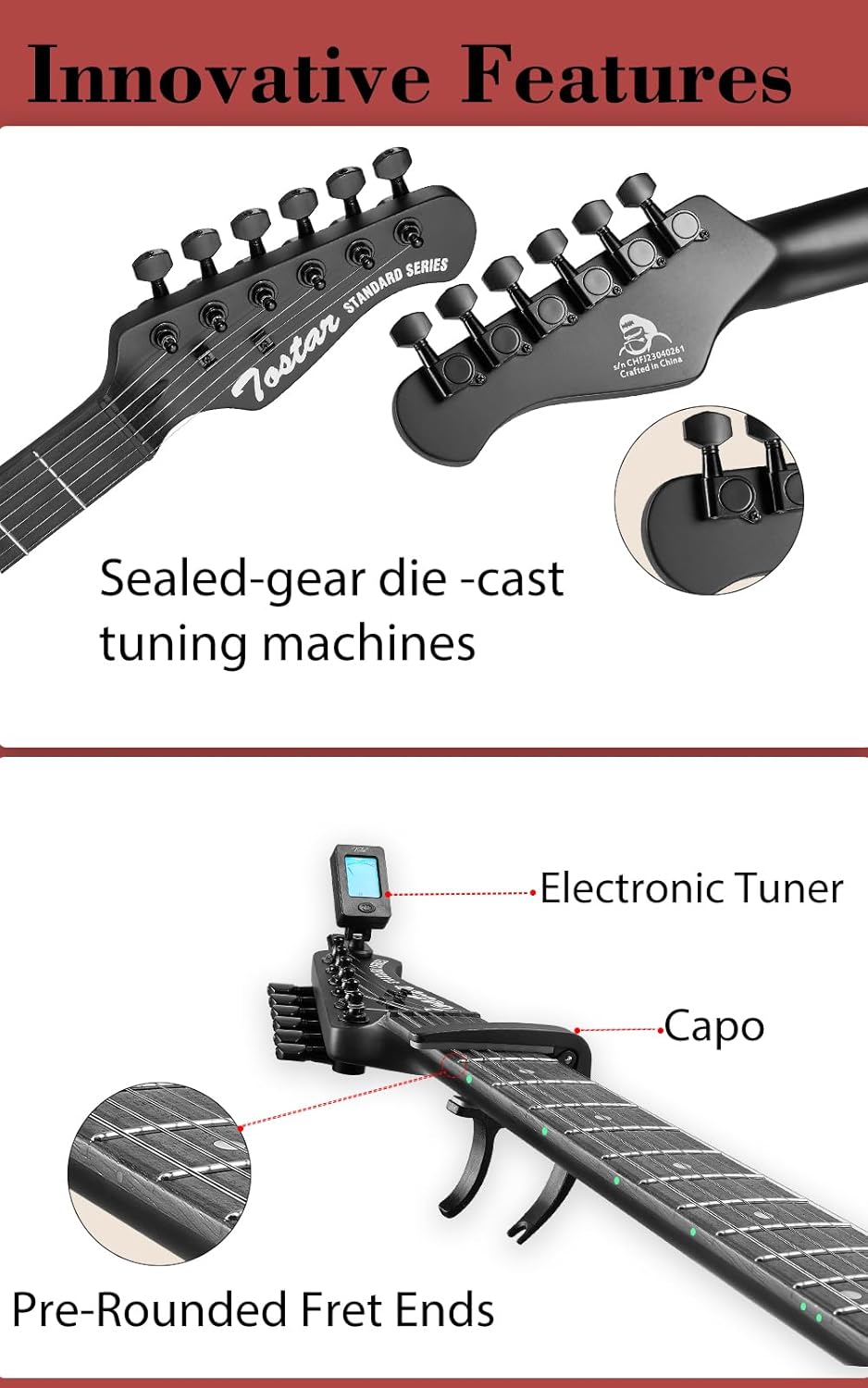 Tostar TTE-150 39-inch Solid Right Hand Electric Guitar Beginner Kits, Matte Blood