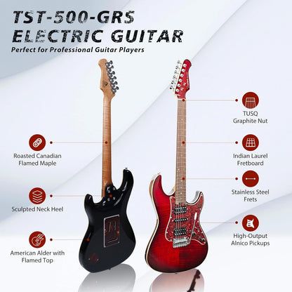 Tostar TST-500 39-inch Electric Guitar H-S-H Pickups, 2-Point Tremolo, Roasted Canadian Flamed Maple, Glossy Finish, Limited-Edition