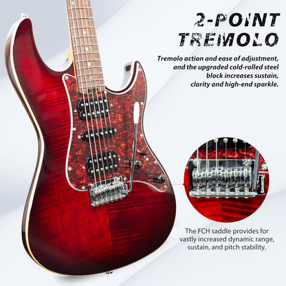 Tostar TST-500 39-inch Electric Guitar H-S-H Pickups, 2-Point Tremolo, Roasted Canadian Flamed Maple, Glossy Finish, Limited-Edition