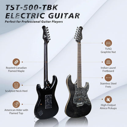 Tostar TST-500 39-inch Electric Guitar H-S-H Pickups, 2-Point Tremolo, Roasted Canadian Flamed Maple, Glossy Finish, Limited-Edition