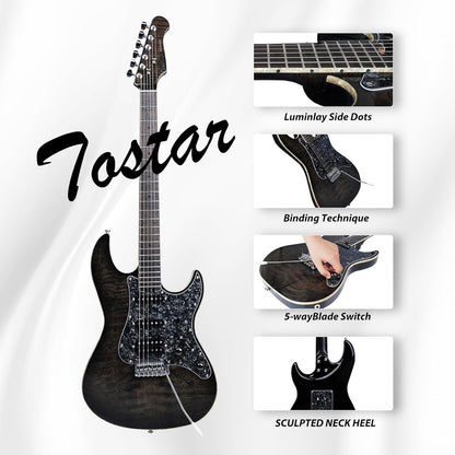 Tostar TST-500 39-inch Electric Guitar H-S-H Pickups, 2-Point Tremolo, Roasted Canadian Flamed Maple, Glossy Finish, Limited-Edition