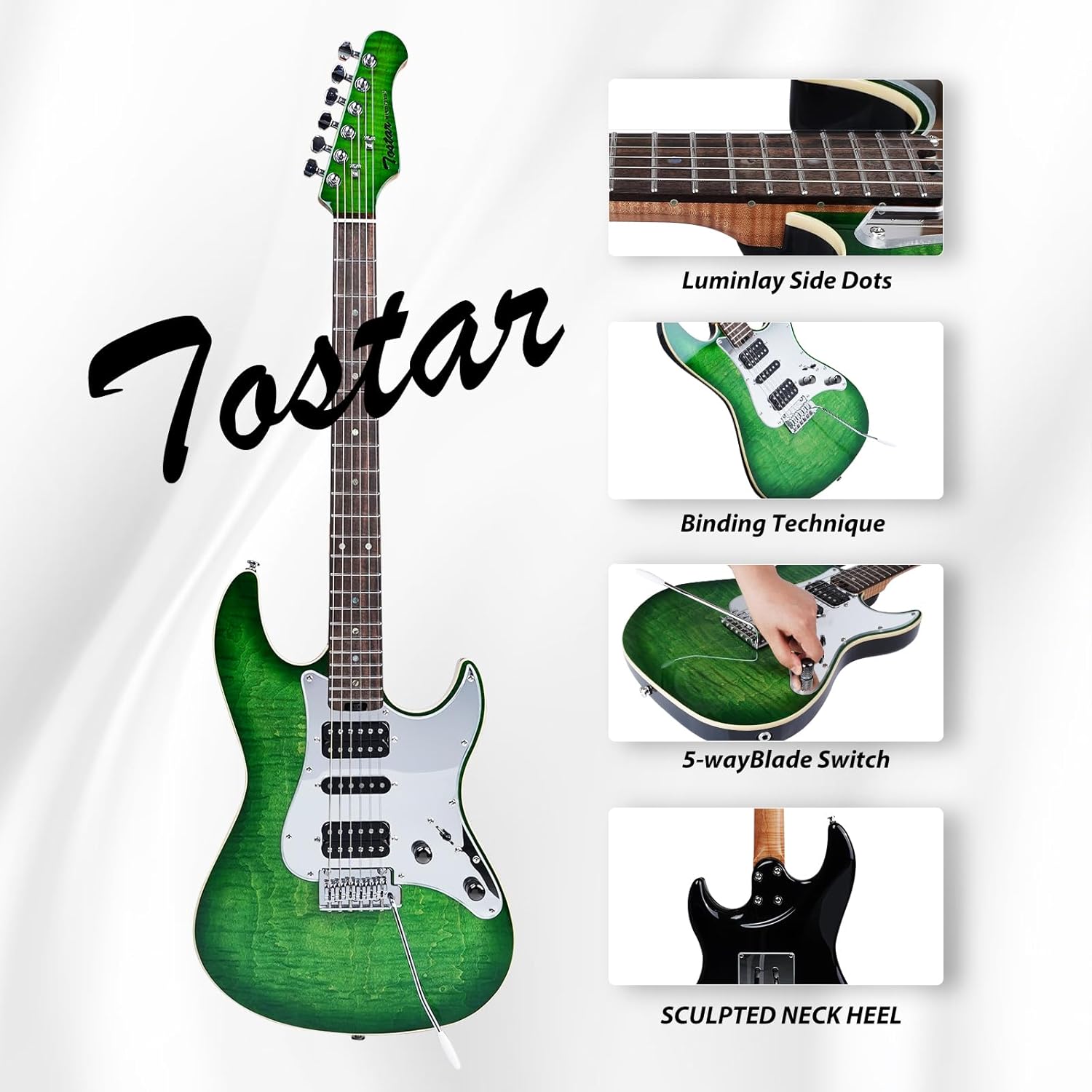 Tostar TST-500 39-inch Electric Guitar H-S-H Pickups, 2-Point Tremolo, Roasted Canadian Flamed Maple, Glossy Finish, Limited-Edition