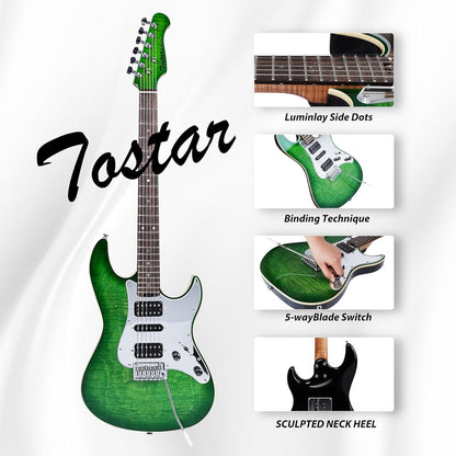Tostar TST-500 39-inch Electric Guitar H-S-H Pickups, 2-Point Tremolo, Roasted Canadian Flamed Maple, Glossy Finish, Limited-Edition