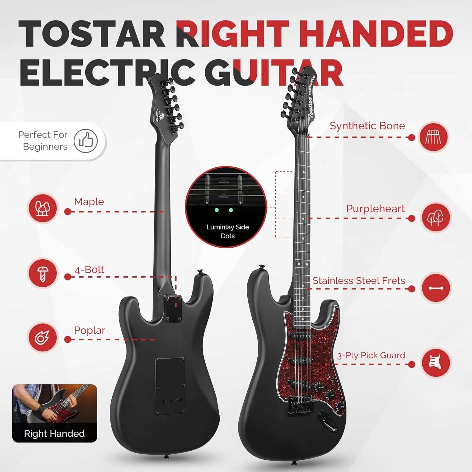 Tostar TST-130 39-inch Solid Body Electric Guitar Beginner Kits, S-S-S Pick Up