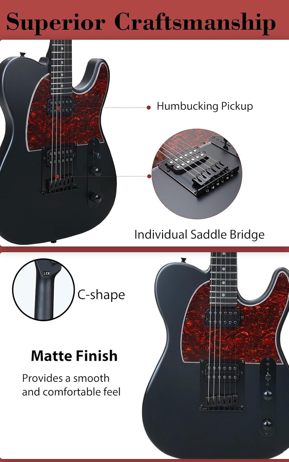Tostar TTE-150 39-inch Solid Right Hand Electric Guitar Beginner Kits, Matte Blood