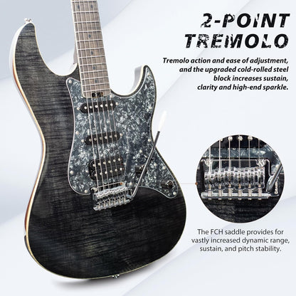 Tostar TST-500 39-inch Electric Guitar H-S-H Pickups, 2-Point Tremolo, Roasted Canadian Flamed Maple, Glossy Finish, Limited-Edition