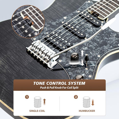 Tostar TST-500 39-inch Electric Guitar H-S-H Pickups, 2-Point Tremolo, Roasted Canadian Flamed Maple, Glossy Finish, Limited-Edition