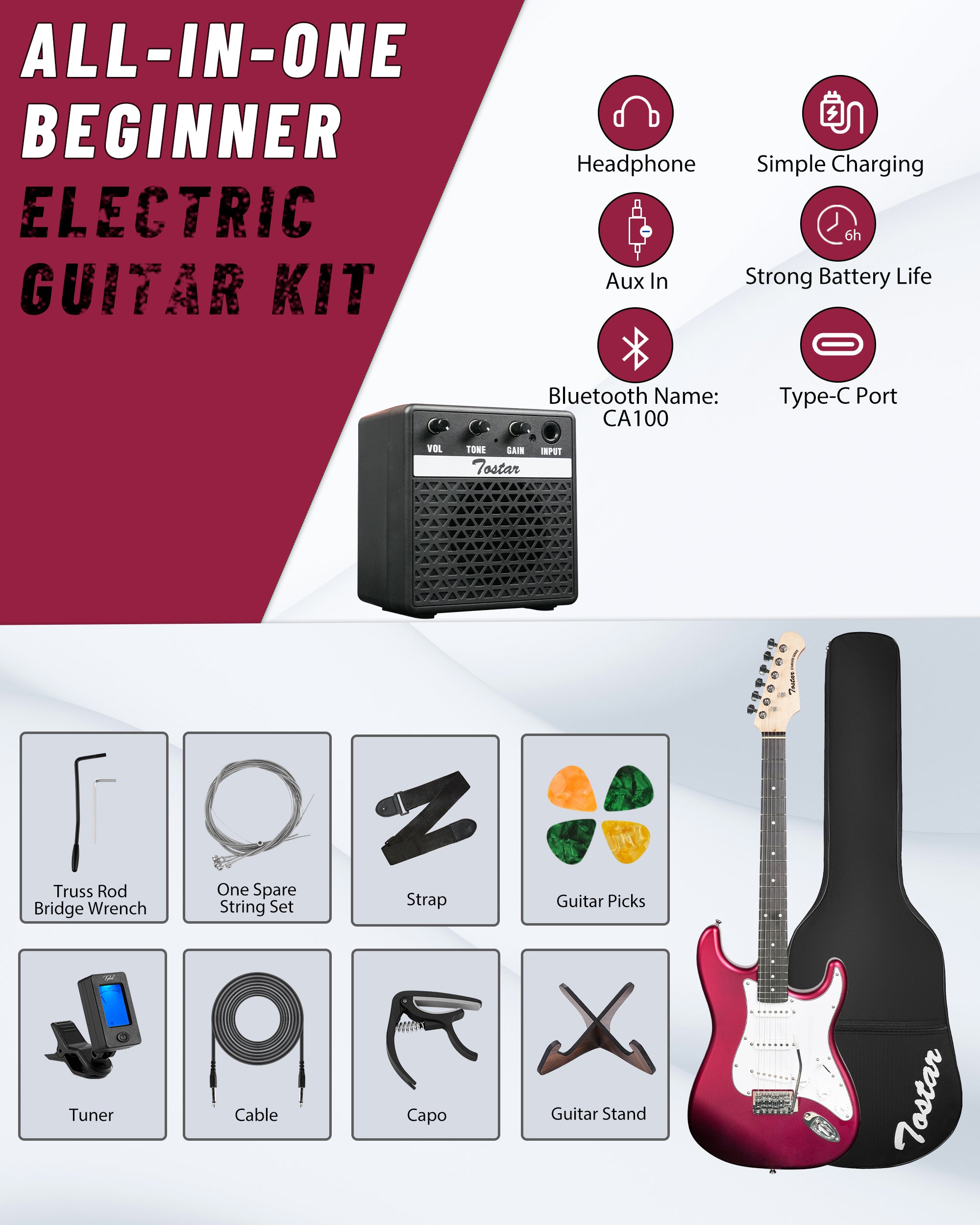 Tostar TST-110 39-inch Electric Guitar, S-S-S Pick Up