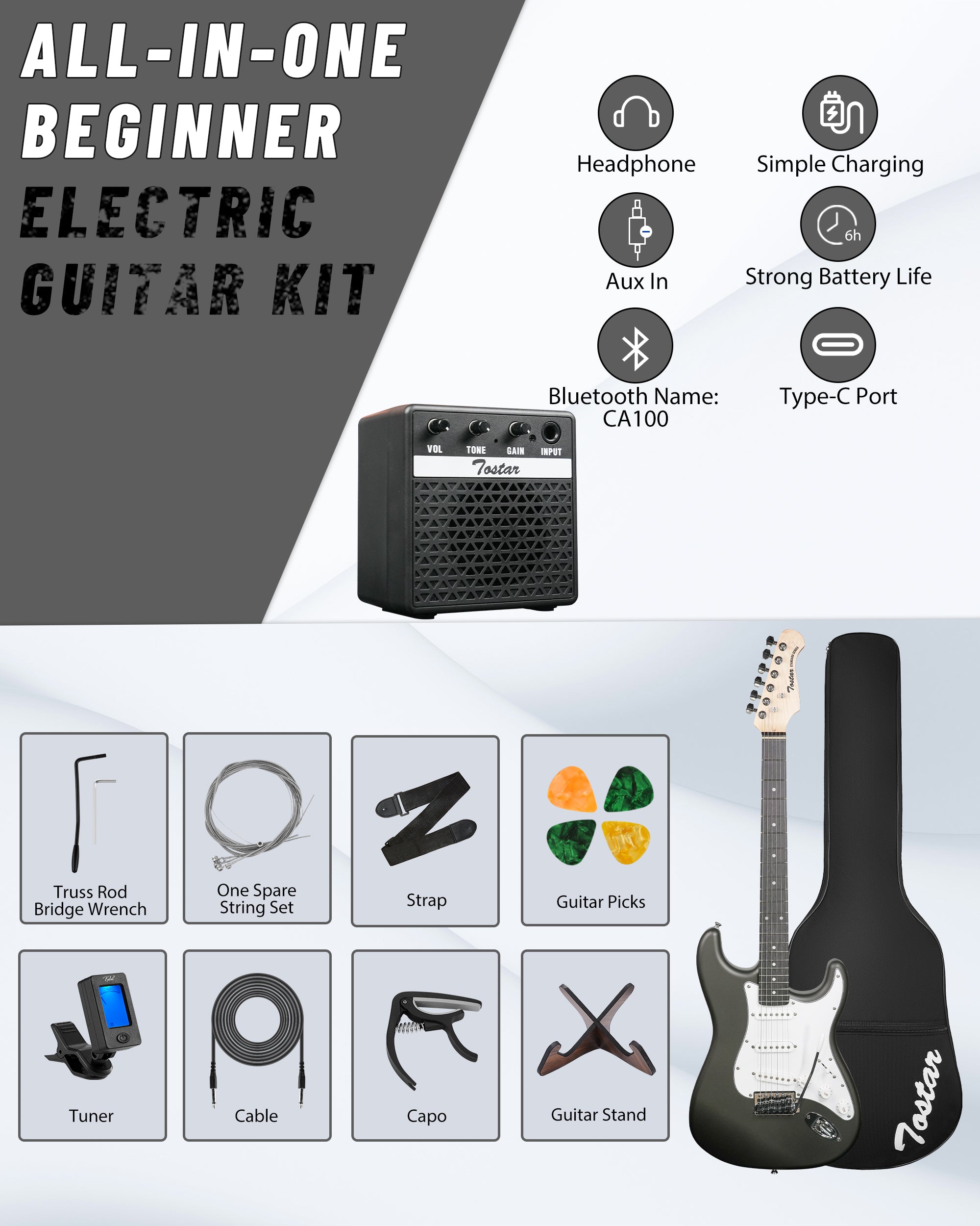 Tostar TST-110 39-inch Electric Guitar, S-S-S Pick Up