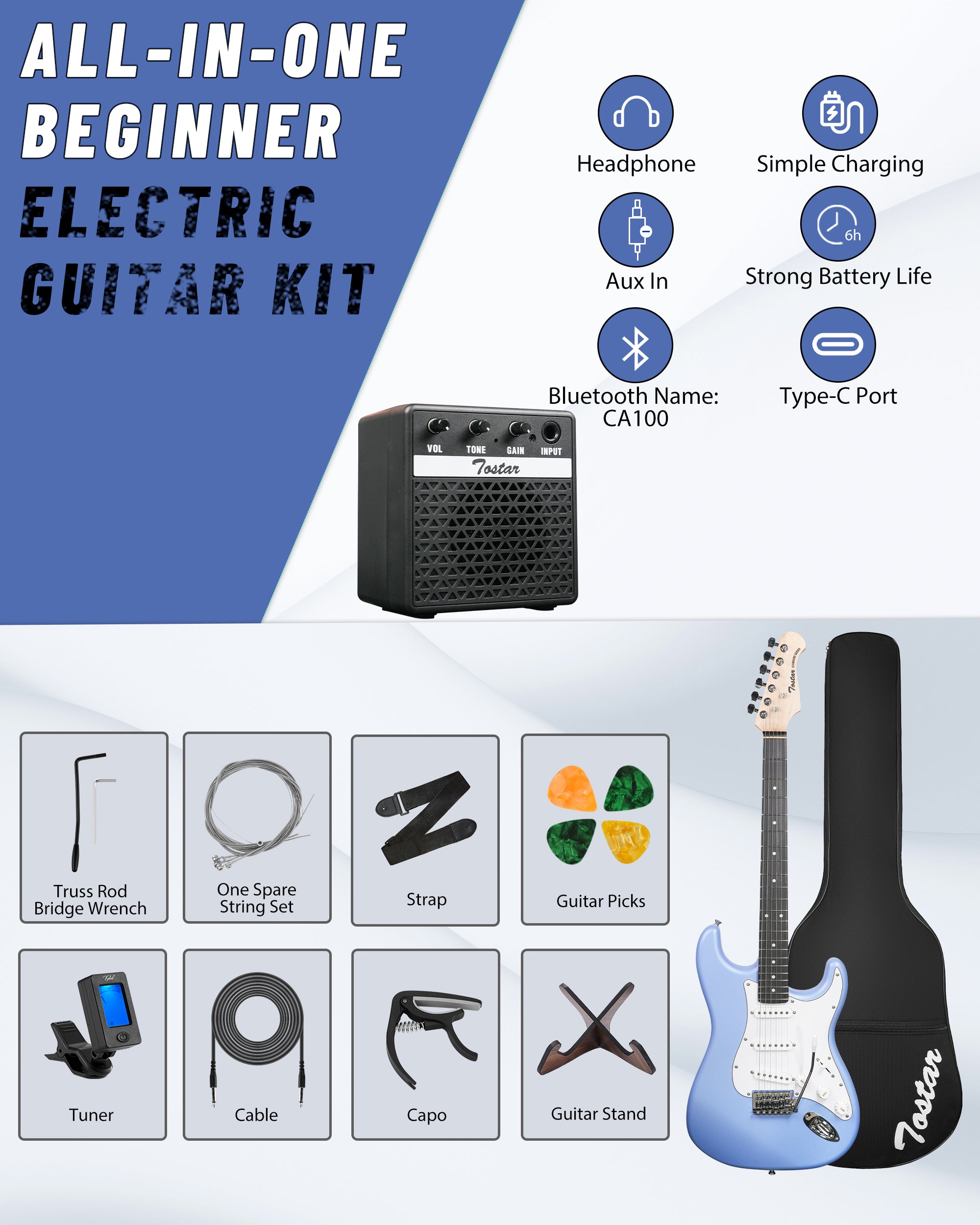 Tostar TST-110 39-inch Electric Guitar, S-S-S Pick Up