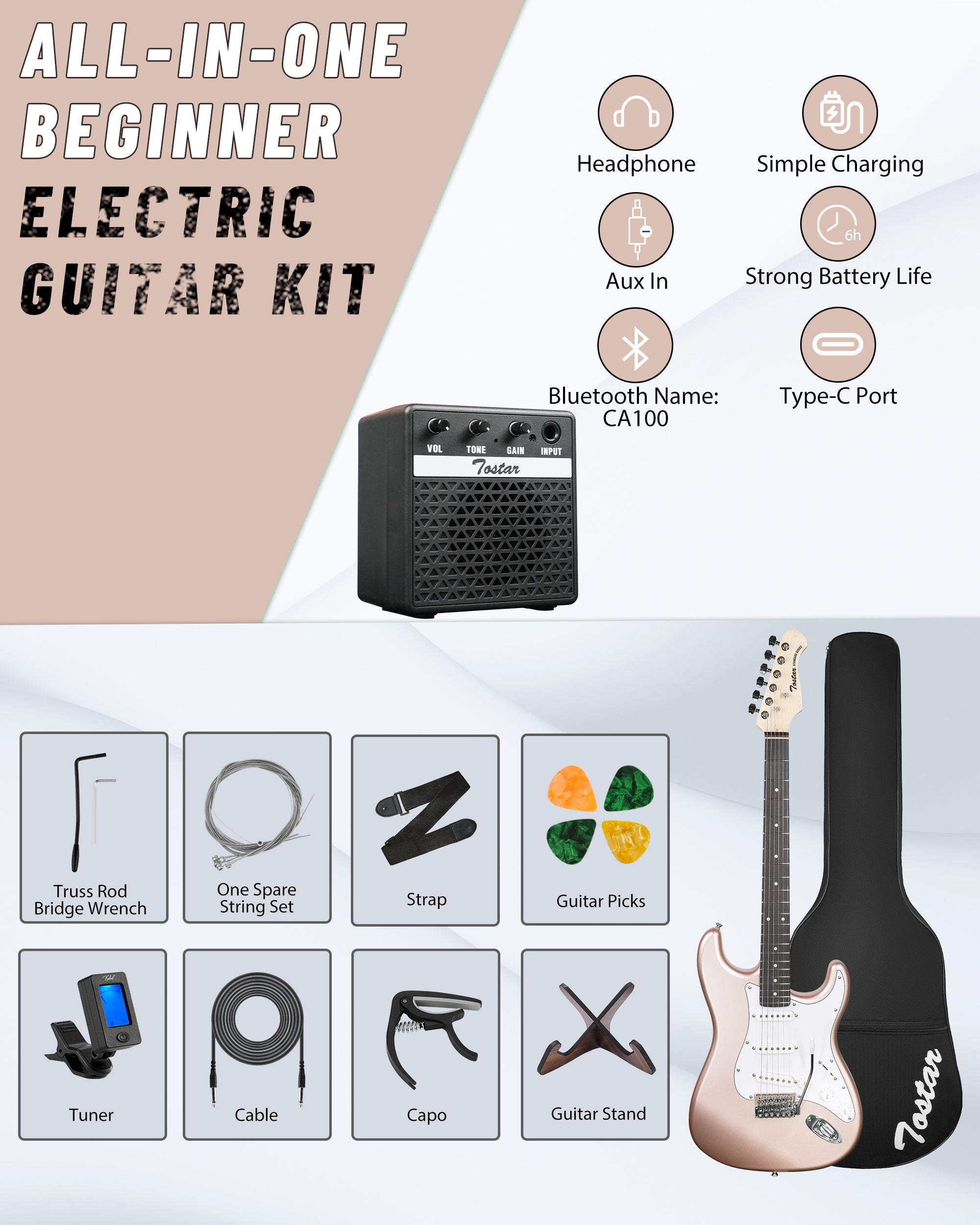 Tostar TST-110 39-inch Electric Guitar, S-S-S Pick Up