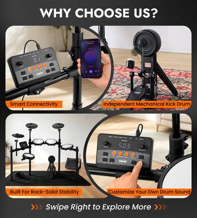 TOSTAR TED‑50P Electronic Drum Set, 5 Mesh Drum Pads & 3 Choke Cymbals with Throne, Headphones & Full Accessories, USB MIDI for Home Practice