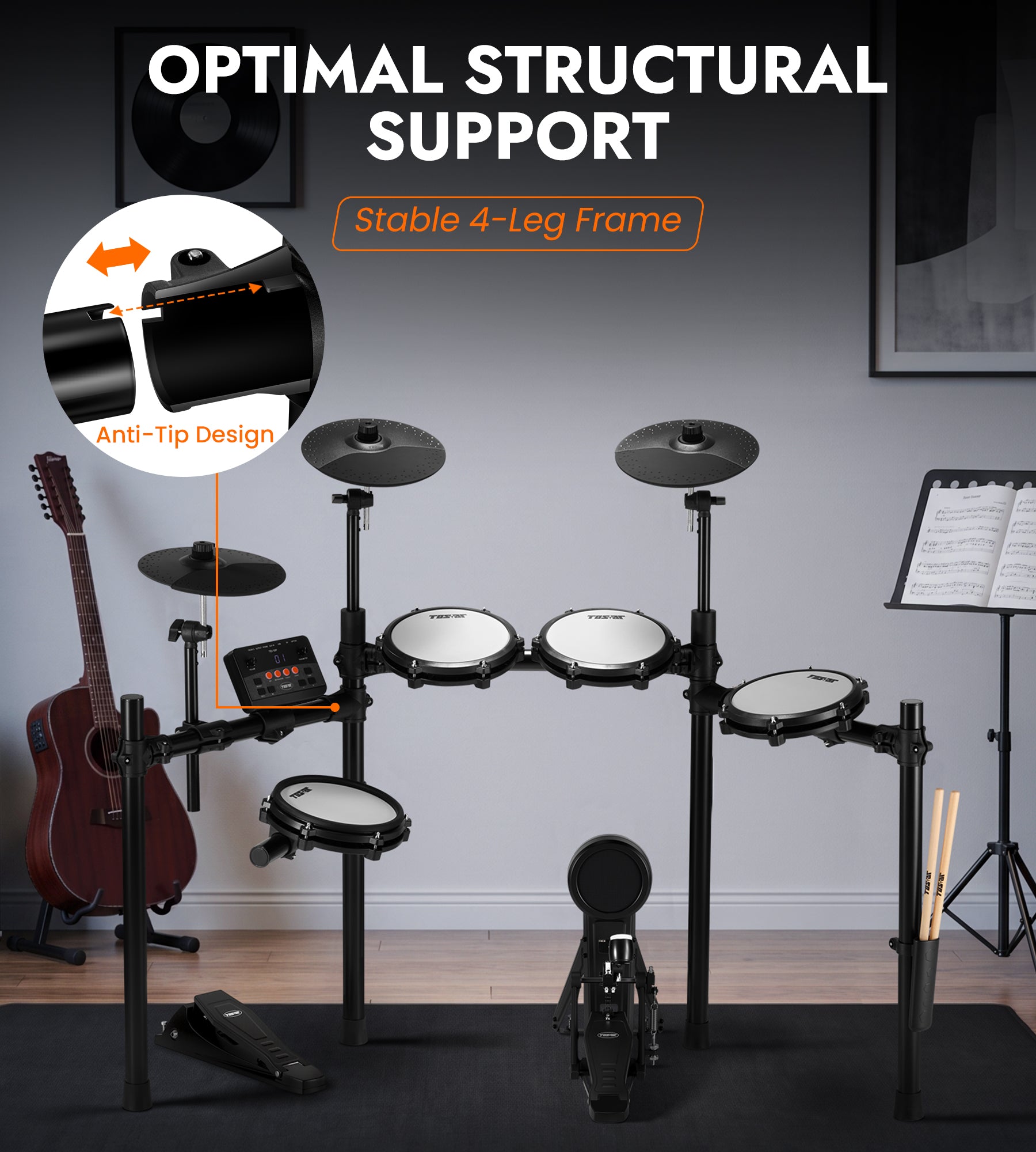 TOSTAR TED‑50P Electronic Drum Set, 5 Mesh Drum Pads & 3 Choke Cymbals with Throne, Headphones & Full Accessories, USB MIDI for Home Practice