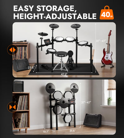TOSTAR TED‑50P Electronic Drum Set, 5 Mesh Drum Pads & 3 Choke Cymbals with Throne, Headphones & Full Accessories, USB MIDI for Home Practice