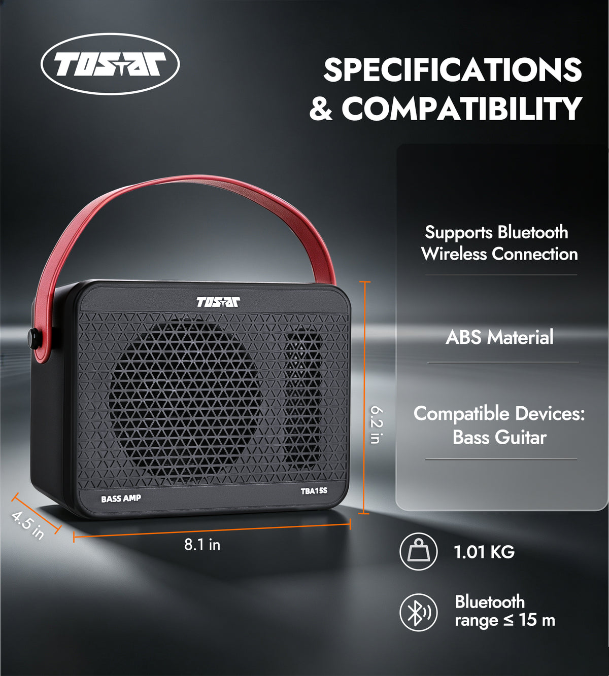 TOSTAR 15W Bass Amp for Slap Bass – Mini Practice Amplifier with HF Boost & Audio Playback
