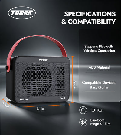 TOSTAR 15W Bass Amp for Slap Bass – Mini Practice Amplifier with HF Boost & Audio Playback